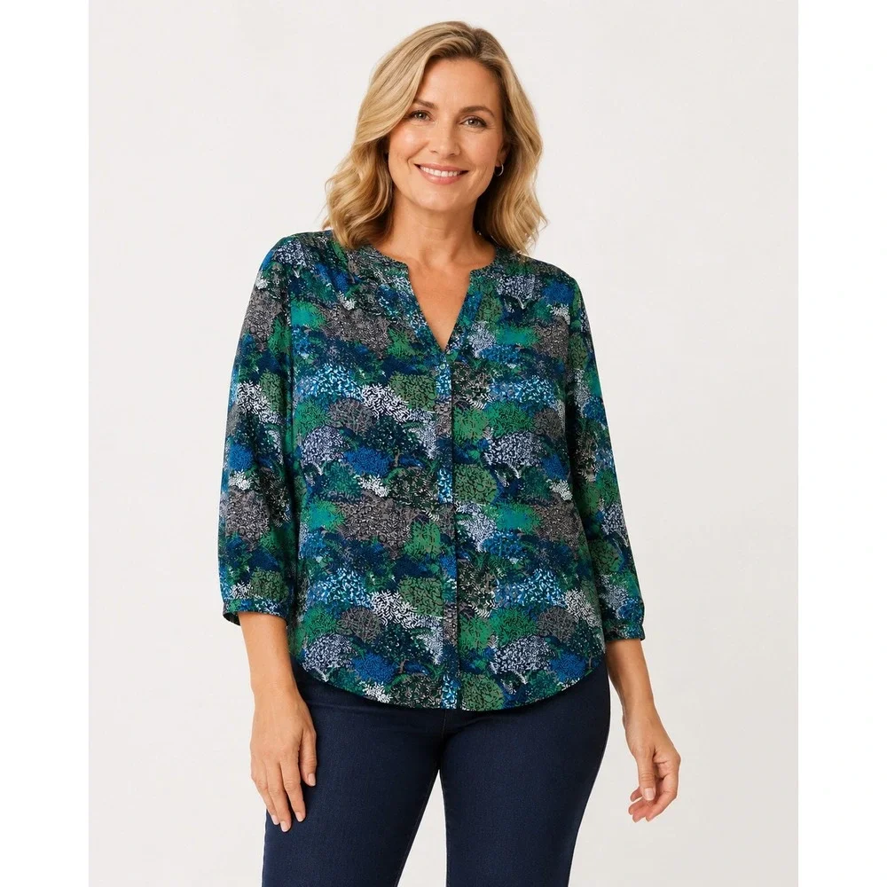 NYDJ Blouse Women XL Blue Green Abstract Botanical 3/4 Sleeve V-Neck S1F0537